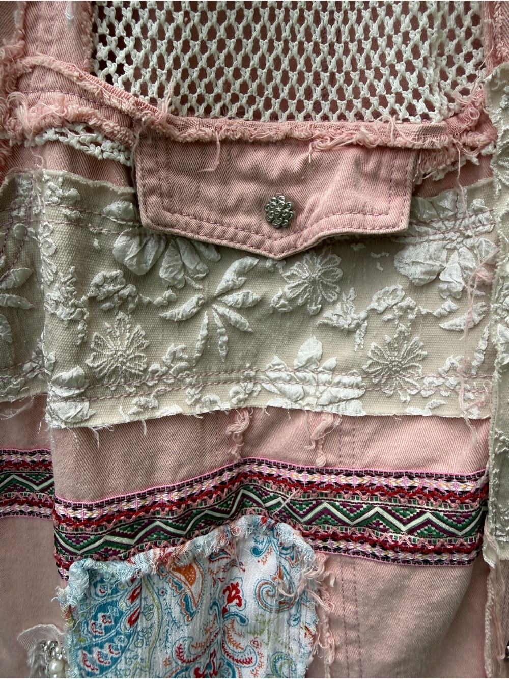 POL Womens Large Pink Patchwork Lace Shacket Jacket Raw Hem Distressed Boho Mesh - Picture 5 of 10